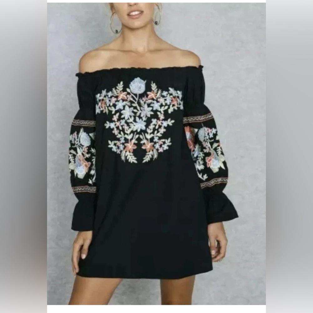 Free People Fleur Du Jour Black Floral Embroidered Off Shoulder Dress Black S - Picture 2 of 15